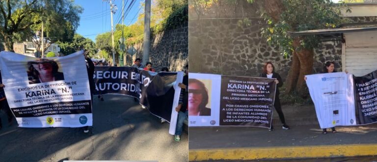 Fotografía de manifestantes afuera del Liceo Mexicano Japonés